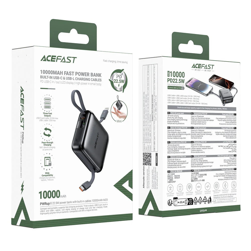 ACEFAST M23 10000mAh 22.5W Fast Charging Power Bank with Built-In Dual Cables