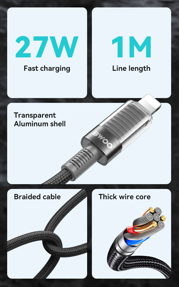 BWOO 30W 16-Spindle Braided Type-C to Lightning Cable 1m