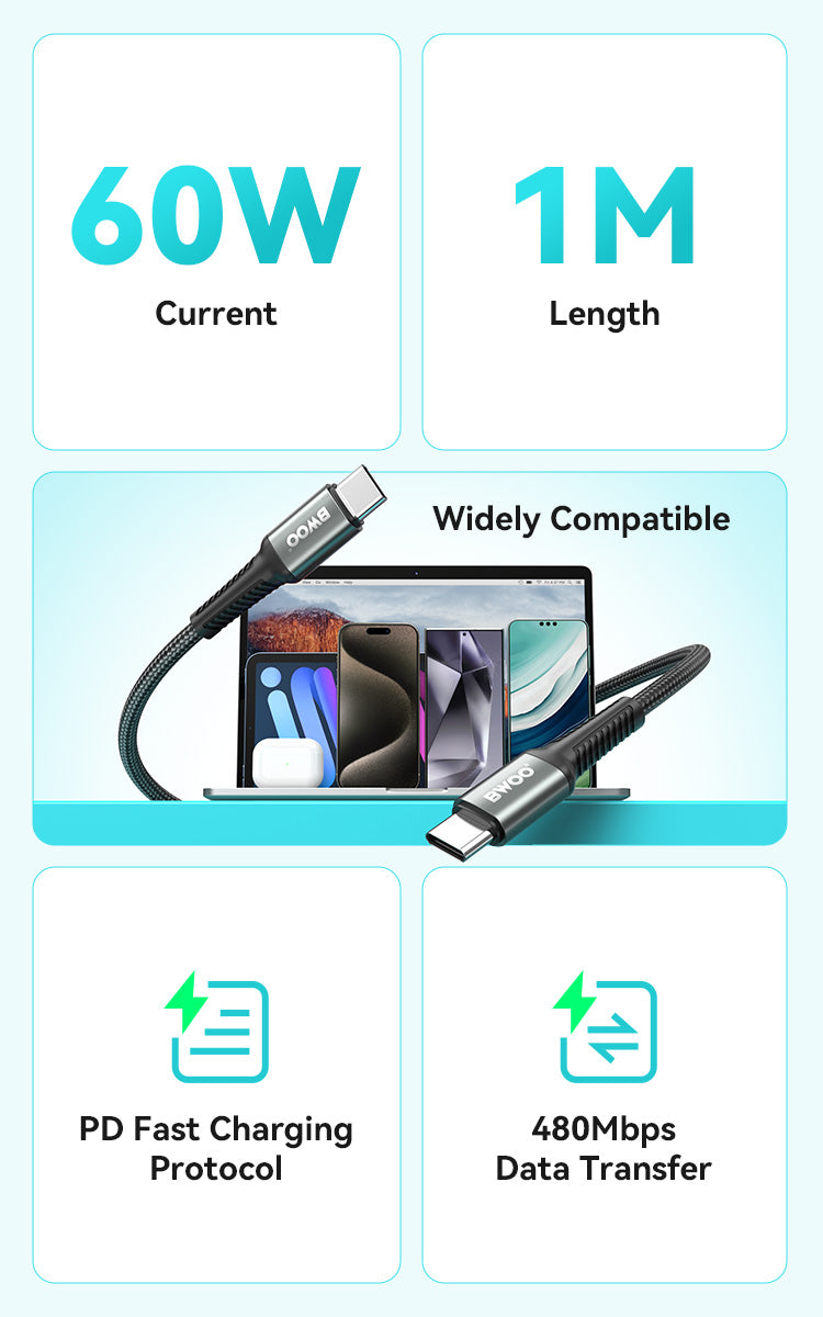 BWOO 60W Type-C to Type-C Braided Cable 1m