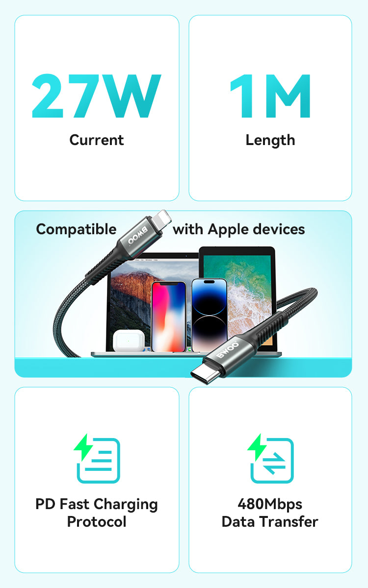 BWOO 27W Type-C to Lightning Braided Cable 1m