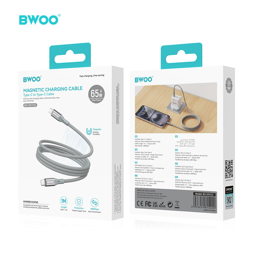 BWOO 65W Type-C to Type-C Nylon Braided Cable 1m