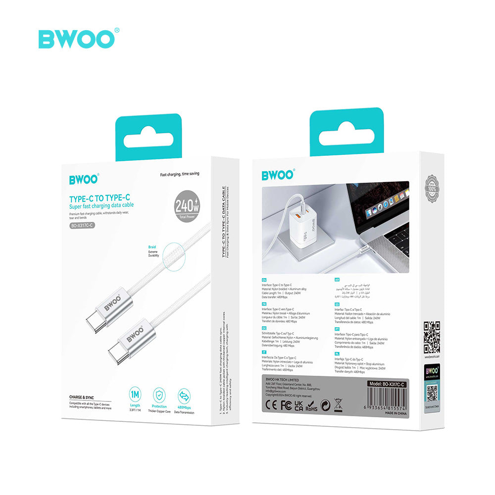 BWOO 240W Rainbow Braided Type-C to Type-C Cable 1m