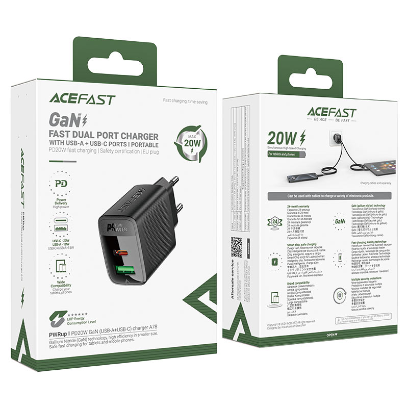 ACEFAST Fast Charge Wall Charger A78 PD20W GaN (1xUSB-C + 1xUSB-A) EU