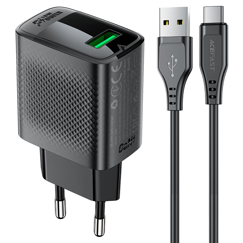 ACEFAST Fast Charge Wall Charger A90 QC18W GaN (1xUSB-A) EU with 1.2m USB-A to USB-C charging cable