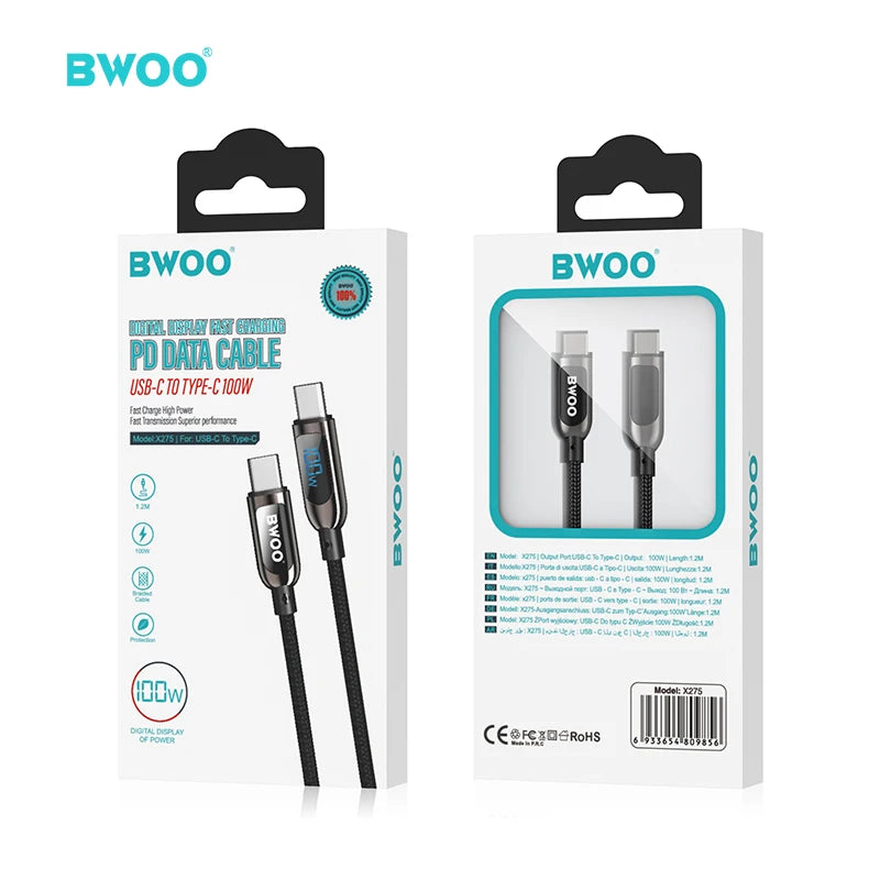 BWOO 100W Nylon Braided Zinc Alloy Type-C to Type-C Cable 1.2m